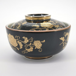 Tazón de cerámica japonés con tapa, KURO KIN KARAKUSA, rojo y dorado