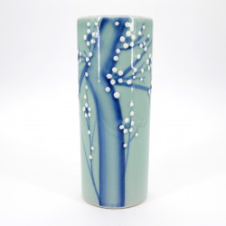 vase japonais vert et bleu fleurs de prune Ø8,5cm AOJI UME