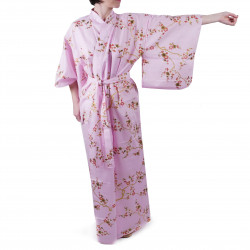 kimono giapponese yukata in cotone rosa, KINUME, fiori di prugna dorata