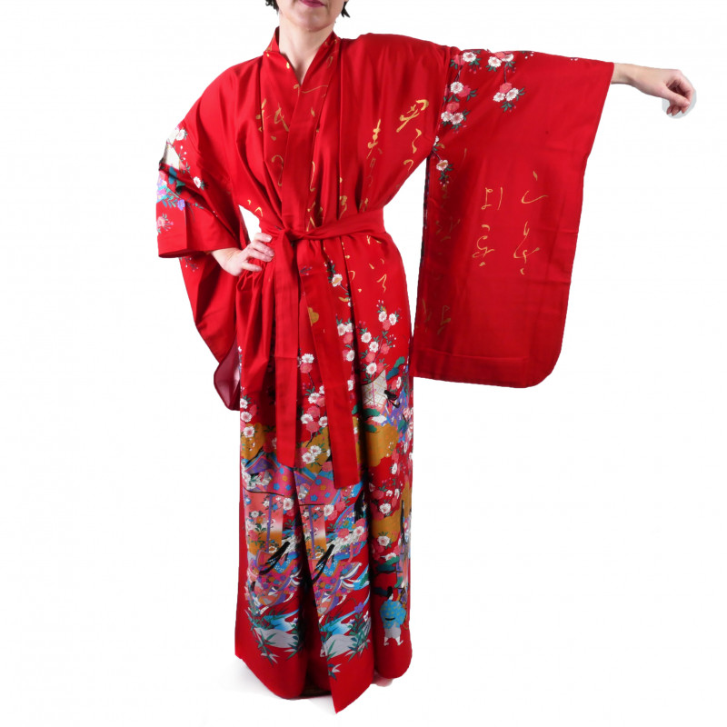 Japanischer traditioneller roter Kimono für Frauen, UTAÔJO, brillante Gedichte und Prinzessinnen