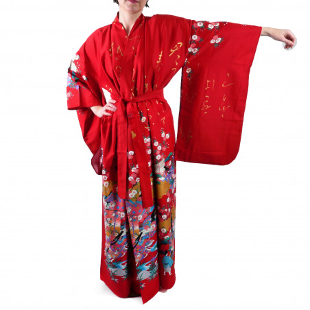 Kimono traditionnel japonais rouge en coton satiné motif poème brillant et princesses pour femme, KIMONO UTA TO OHIMESAMA 