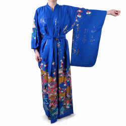 Japanischer traditioneller blauen Kimono für Frauen, UTAÔJO, brillante Gedichte und Prinzessinnen