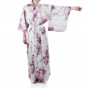Kimono giapponese in cotone bianco, TSURU PEONY, gru e peonia