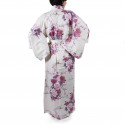 Kimono giapponese in cotone bianco, TSURU PEONY, gru e peonia