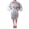 Japanese traditional white sateen hanten kimono poetry and flowers for ladies