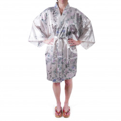 Hanten japonés kimono blanco satinado, UTAUME, poesía y flores