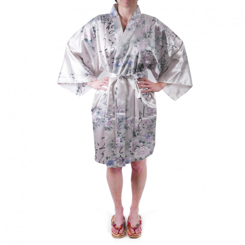 hanten japanischer Kimono weißer Satin, UTAUME, Poesie und Blumen
