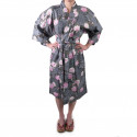 happi japonés kimono algodón negro, SAKURAGUMO, flores de cerezo en los patrones de nubes