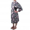 happi kimono giapponese in cotone nero, SAKURAGUMO, fiori di ciliegio e nuvole