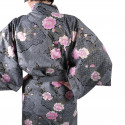 happi japonés kimono algodón negro, SAKURAGUMO, flores de cerezo en los patrones de nubes