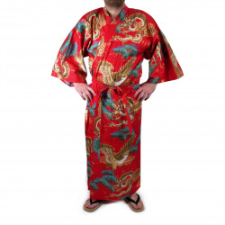 Kimono yukata japonés en algodón rojo, RYÛMATSU, dragón y pinos