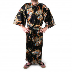 Kimono yukata japonés en algodón negro, SHONZUIRYÛ, samuraï