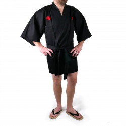 Kimono japonés hanten en algodón negro, SAMURAI, kanji samurai plata
