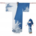 Yukata prestigio giapponese di cotone per le donne, SHIRANAMI, blu