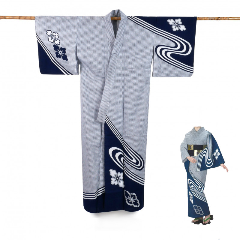 Yukata prestigio de algodón japonés para mujeres, HANASHIBORI, azul
