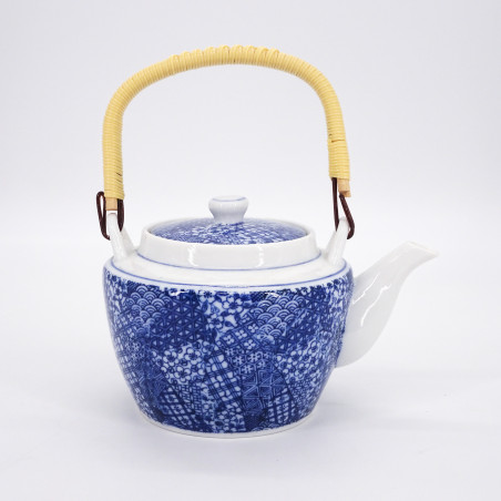 Théière japonaise en céramique motif patchwork bleue et blanche avec anse, GOJO, 0.9lt