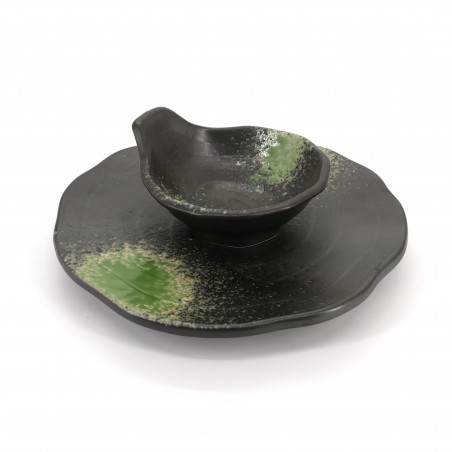 Japanese round plate with bowl, ISOBE, black and green