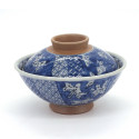 Tazón azul de cerámica japonés con tapa, SHONZUI, flores