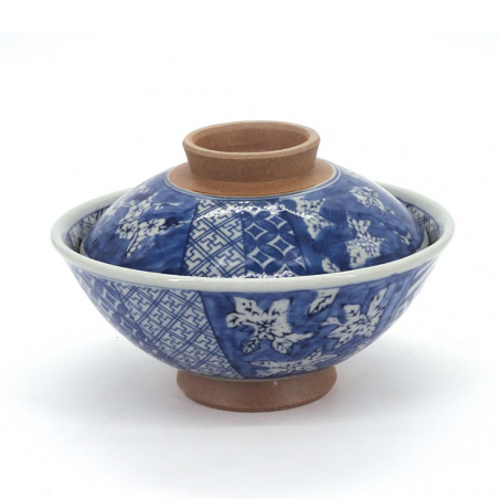 Bol japonais bleu en céramique avec couvercle, SHONZUI, fleurs