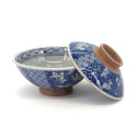 bol japonais bleu en céramique avec couvercle, SHONZUI, fleurs