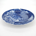 japanese round blue plate in ceramic, KOI, carp