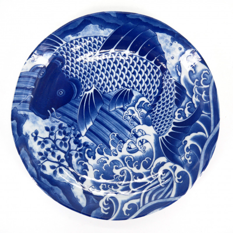 japanische blaue runde platte aus keramik, KOI, karpfen