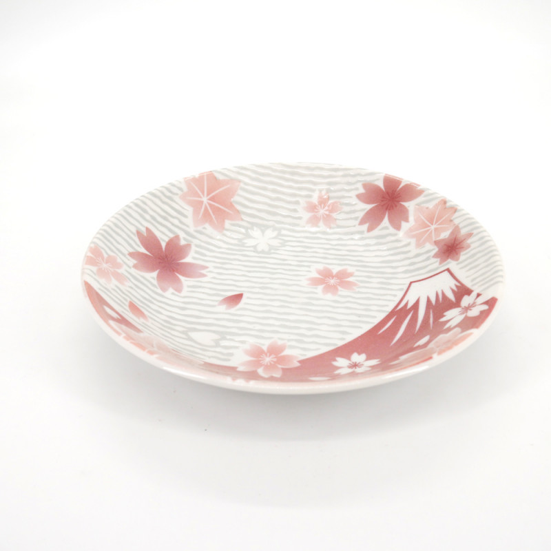 assiette ronde japonaise en céramique fleurs, FUJI, rouge