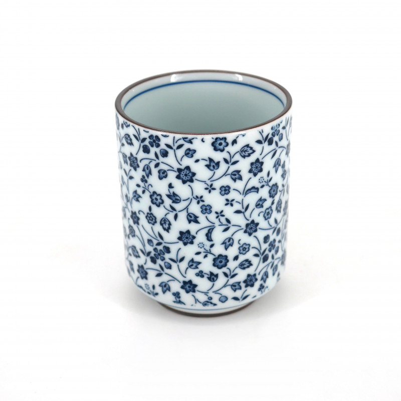 Taza blanca de té japonesa de ceramica, HANAMOMEN flores azules