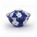 Tazón azul de cerámica japonés con tapa, UME, flores