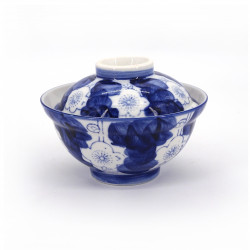 Japanese blue ceramic bowl with lid, UME, flowers