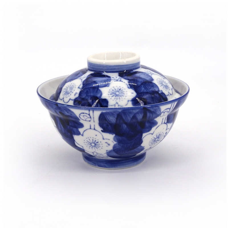Ciotola blu in ceramica giapponese con coperchio, UME, fiori