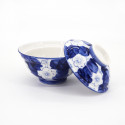 Tazón azul de cerámica japonés con tapa, UME, flores