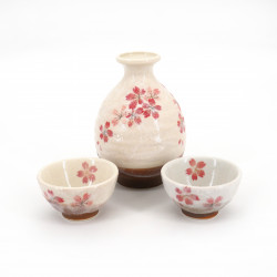 Servizio di sake 1 bottiglia e 2 tazze, SAKURAZAKE, bianco e fiori rosa