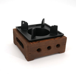 small brown square cast iron and wood teapot heater L12cm