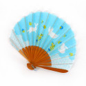 small Japanese fan 21cm in cotton, USAGI, sky blue rabbit