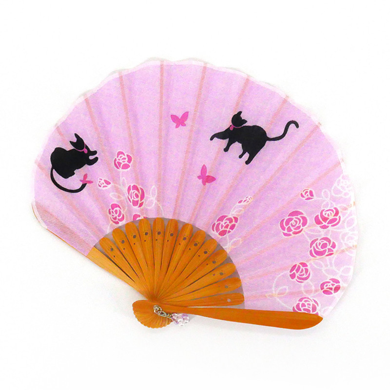 small Japanese fan 21cm in cotton, NEKO, purple cats