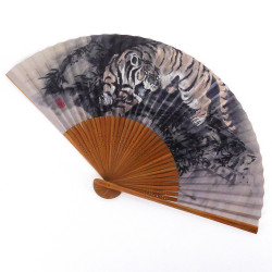 éventail japonais gris 22cm pour homme en papier et bambou, TORA, tigre