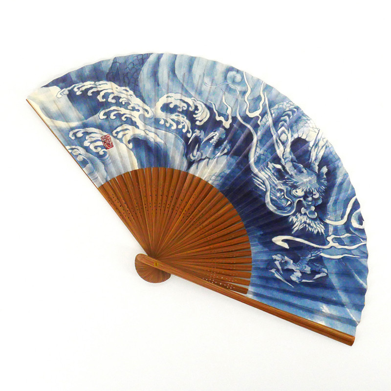 japanese blue fan 22cm for man in paper and bamboo, RYÛ, dragon