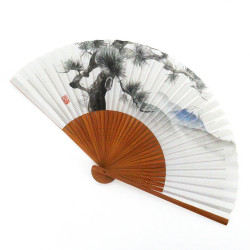 éventail japonais blanc 22cm pour homme en papier et bambou, MATSUFUJI, pin et montagne