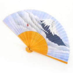 éventail japonais bleu ciel 22cm pour homme, FUJISAN, montagne et nuages