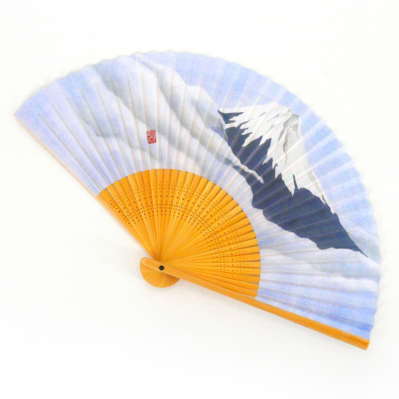 japanischer blauer himmel fächer 22cm für mann, fujisan, berg und wolken