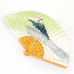 japanese white and green fan 22,5cm for man in paper and bamboo, FUJISAN, mountain