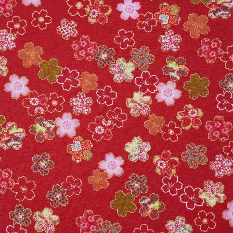 tela japonesa roja, 100% algodón, estampado Sakura