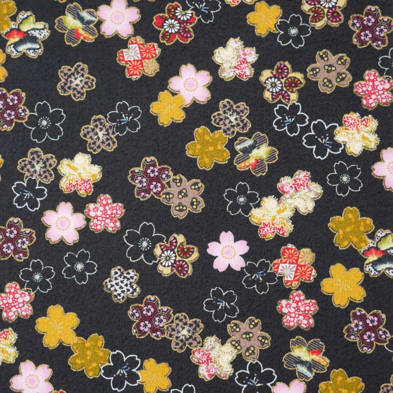 Black Japanese cotton fabric sakura flowers made in Japan width 110 cm x 1m