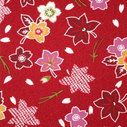 Tessuto rosso giapponese, 100% cotone, motivo sakura e momiji