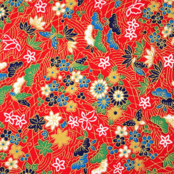 tela japonesa roja, 100% algodón, estampado flores y mariposas