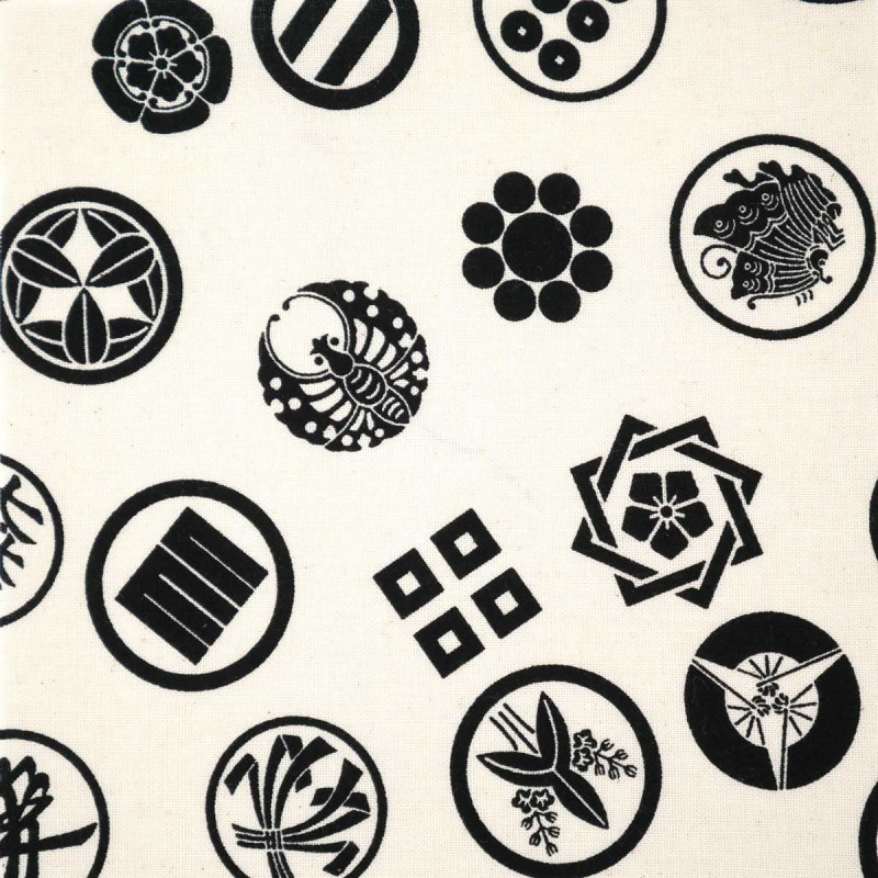 White Japanese cotton fabric emblems patterns made in Japan width 112 cm x 1m