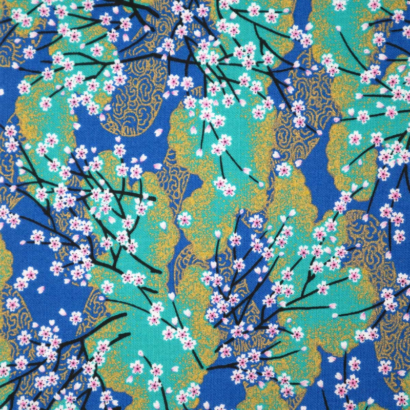 Tessuto blu giapponese, 100% cotone, motivo a fiori piccoli