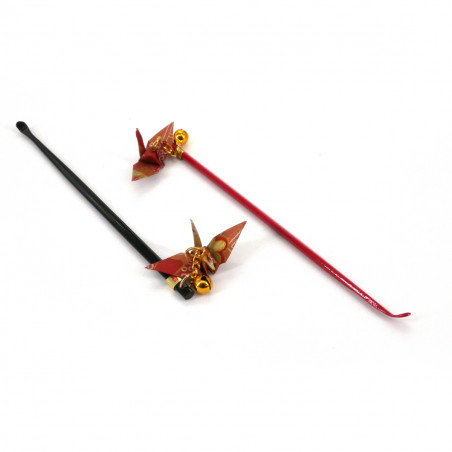 Oriculi, earpick with origami crane decoration, ORIZURU, red or black