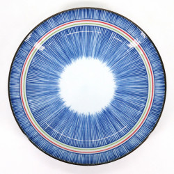 Japanese blue ceramic round plate, TOKUSA, colorful lines